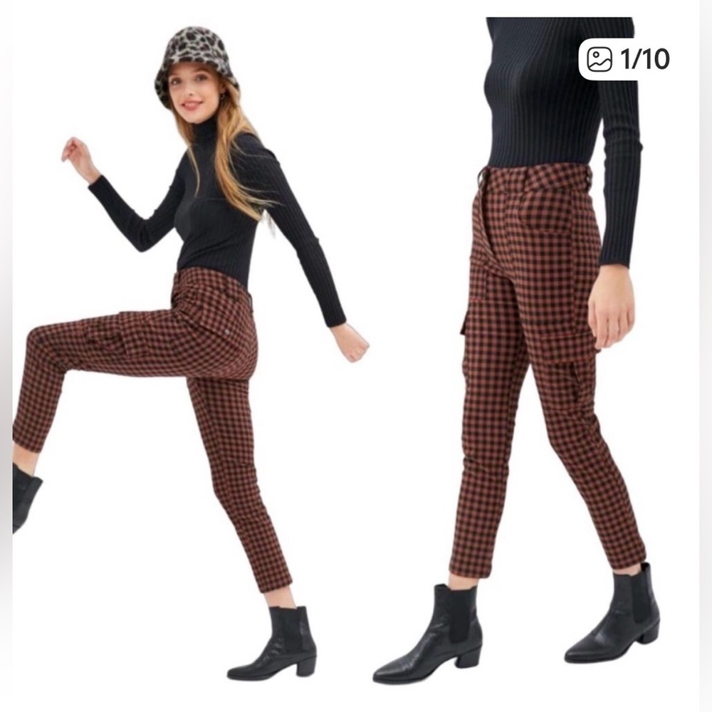 Urban Outfitters Gingham Plaid Slim Cargo Trousers Punk‎ Grunge Aesthetic Sz 2